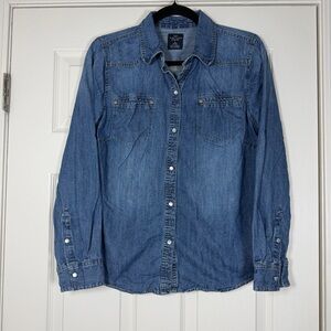 100% Cotton Women’s Denim Long Sleeve Pearl Snap Western Shirt Pockets Cowgirl M